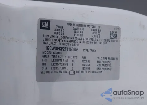 2015 Chevrolet Express 2500 Work Van z USA, uszkodzony, nr VIN 1GCWGFCF2F1166953